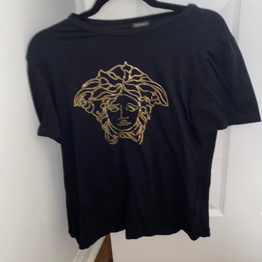 Versace Black Short Sleeve Tee with Gold Medusa Logo
